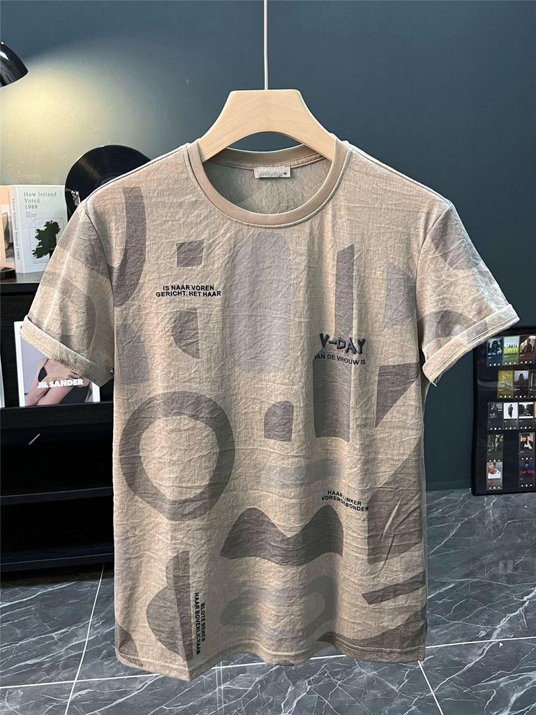 Men's Ultra-Thin Hip Hop Letter Print Short Sleeve T-Shirt, Summer 2024 Korean Style