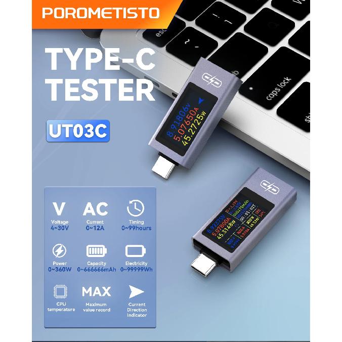 UT02C/UT03C Type-C Multi-function DC Voltage Ammeter DC 4~30V 12A Voltage Current Power Meter Phone Charging Tester Battery Test