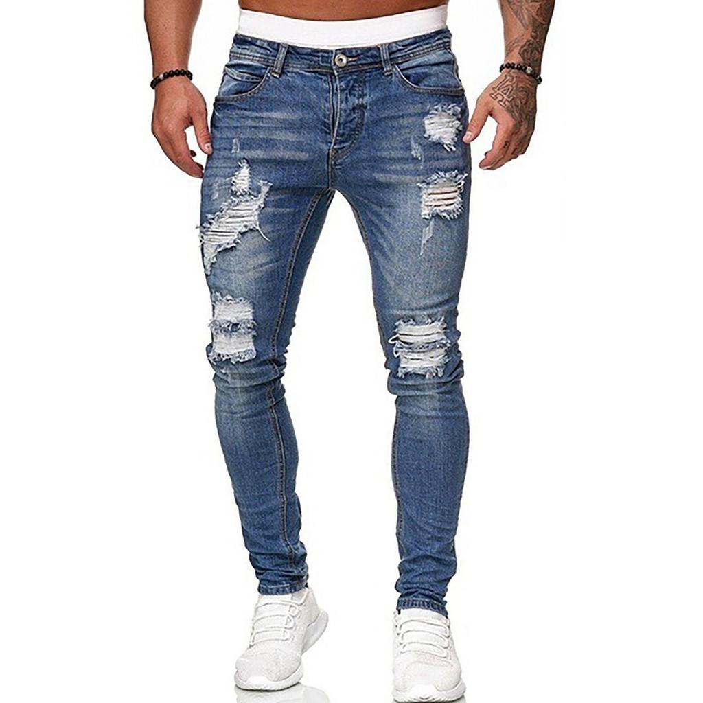 Men's Casual Hole-rubbed White Slim Fit Denim Pants Fashion Chinos Jeans