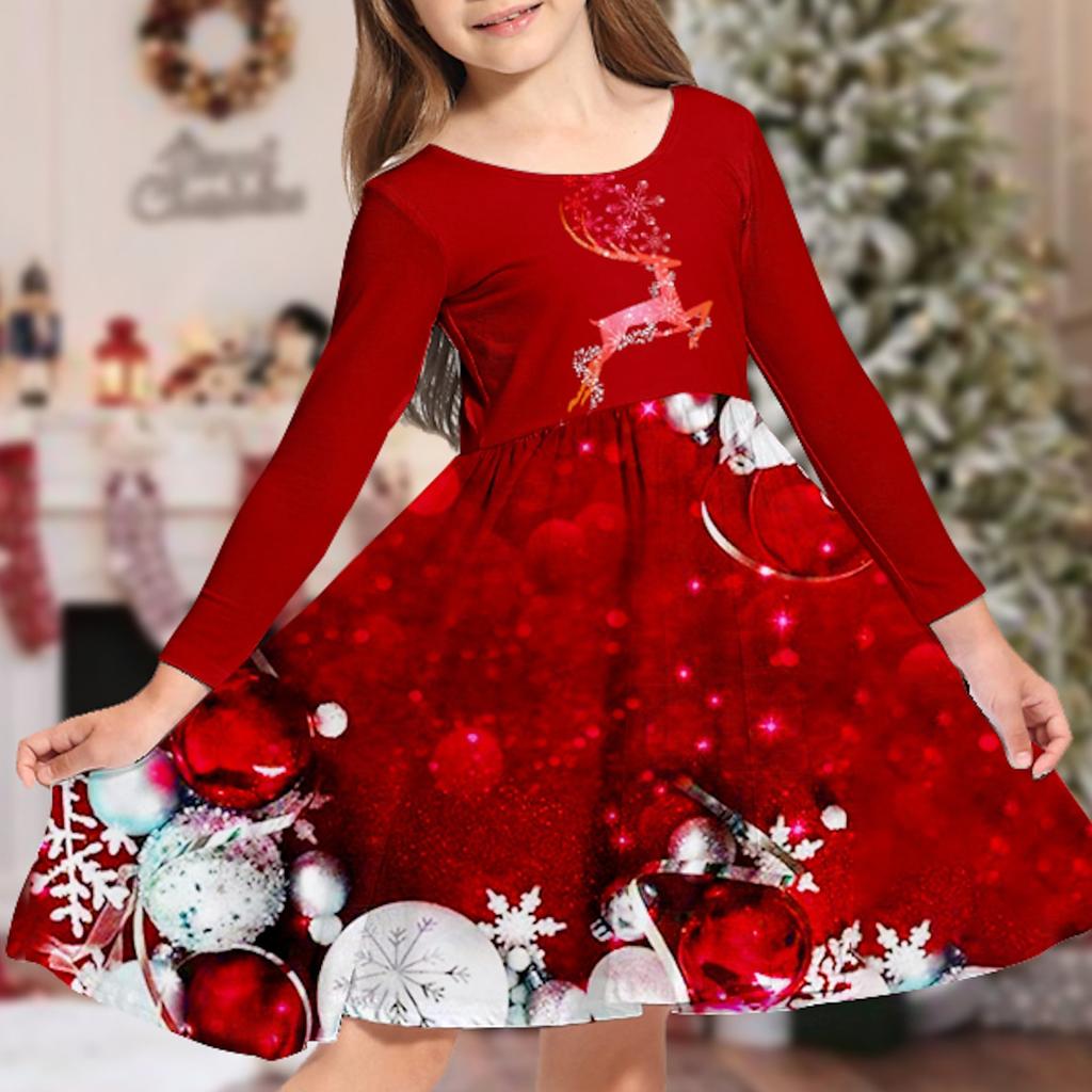 Autumn Girl Casual 3D Christmas Elk Print Round Neck Long Sleeve Dress Kid Princess Dress