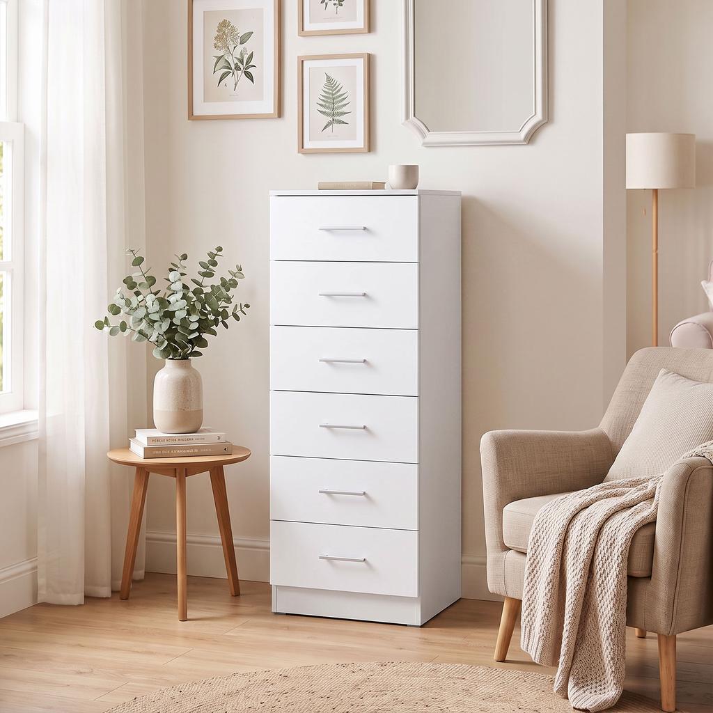 6 Drawer Dresser Tall Chest Of Drawers For Bedroom With Anti Tip 40x40x110 Cm White