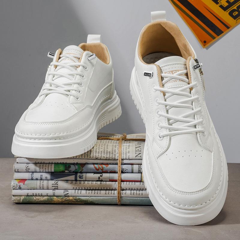 Men's Slip-On Sports Shoes Soft Bottom Casual All-Match Side Zipper Fashionable White Sneakers Spring Season Ultra-Leather