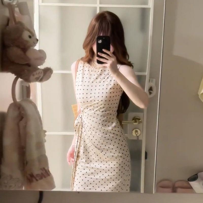 Women S Sleeveless Polka Dot Long Dress Slim Fit For Summer Vacation