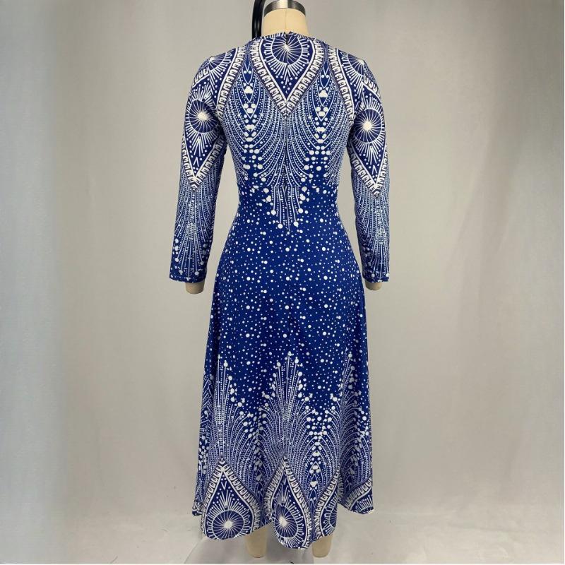 QICED Women's O-neck Vintage Print Long Sleeve Maxi Dress Spring Autumn