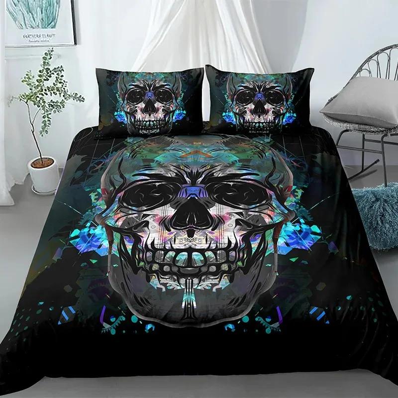 Skull Duvet Cover King, Halloween Comforter Cover,Gothic Fog Smoke Skull Skeleton Bedding Set,Grey Quilt Cover Room Decor