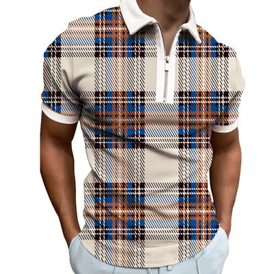 Men's Plaid Striped Print Business Casual Breathable Stretch Short Sleeve Zipper POLO Shirt