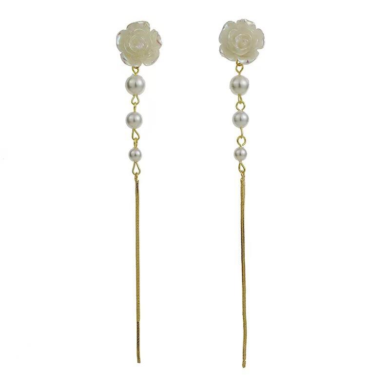 Elegant French Vintage Camellia Pearl Fringe Long Dangle Earrings Delicate Forest Jewelry