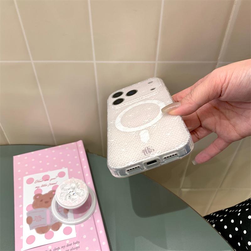 Lily Flower Magnetic Phone Case for iPhone 17/16 Pro Max/15/14 - Women's Powder Grid Bow Design