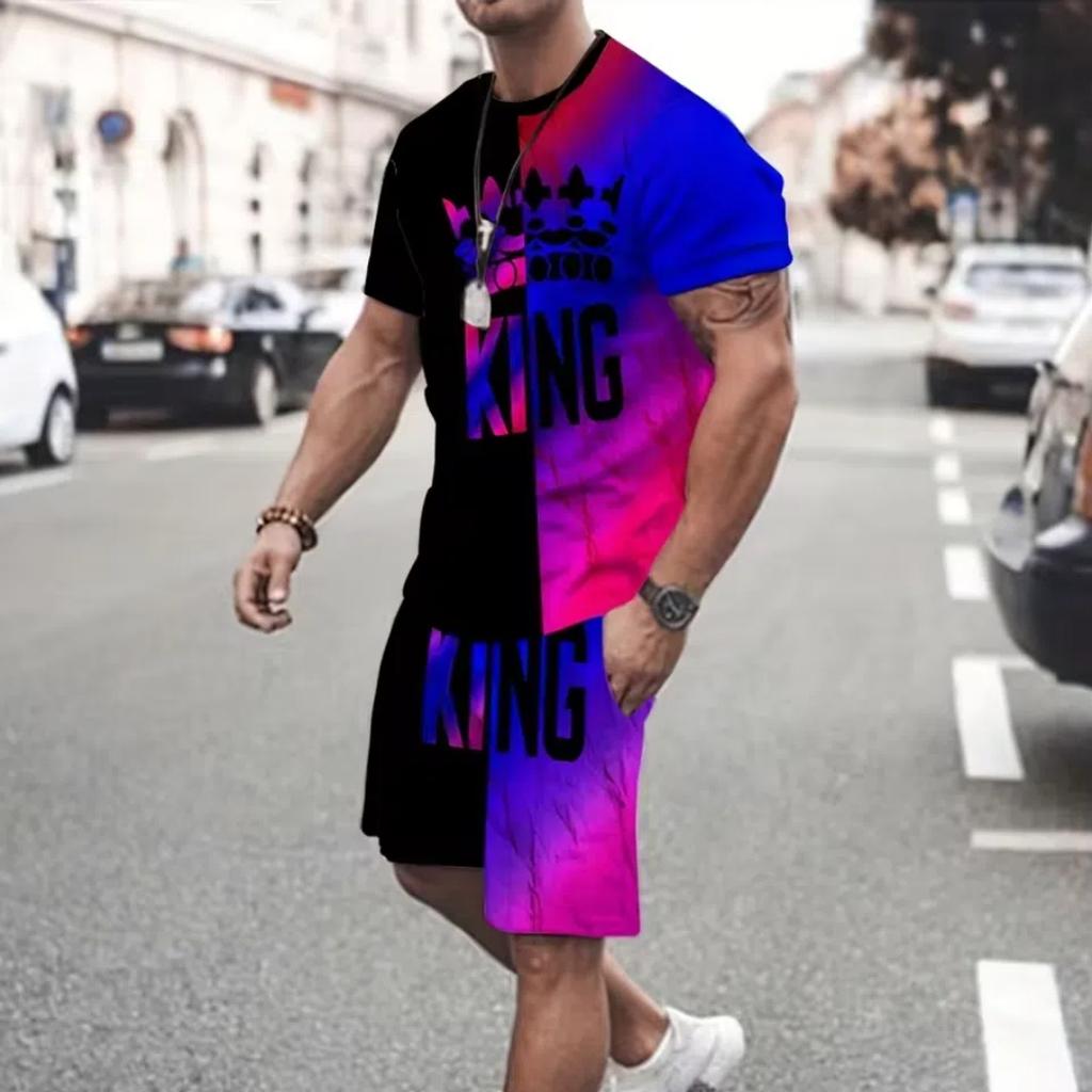 Męski dwuczęściowy zestaw sportowy składający się z krótkich spodenek z okrągłym dekoltem i krótkim rękawem, 3D-kartowy łącznik, męski zestaw do biegania i wypoczynku