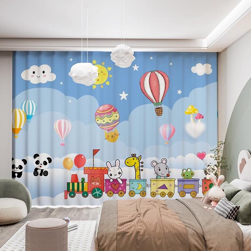 2Pcs Modern Simple Cartoon Cute Animals Bear Rabbit Star Ocean Star Boy Children's Room Decor Semi Blackout Curtain Grommet Top