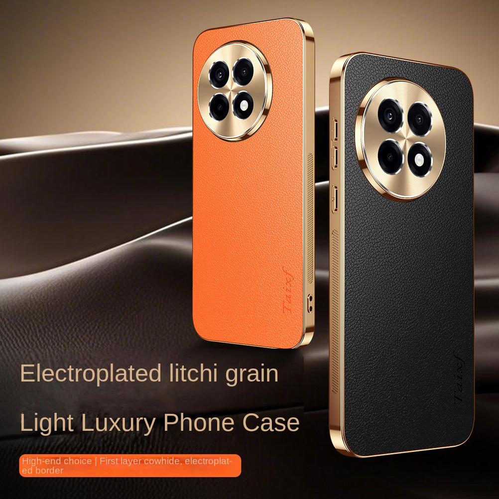 First Layer of Cowhide Lychee Texture Electroplated Frame Case For OnePlus 13R 13 12R One Plus Ace 5 Pro 3 2 Lens Protect Cover
