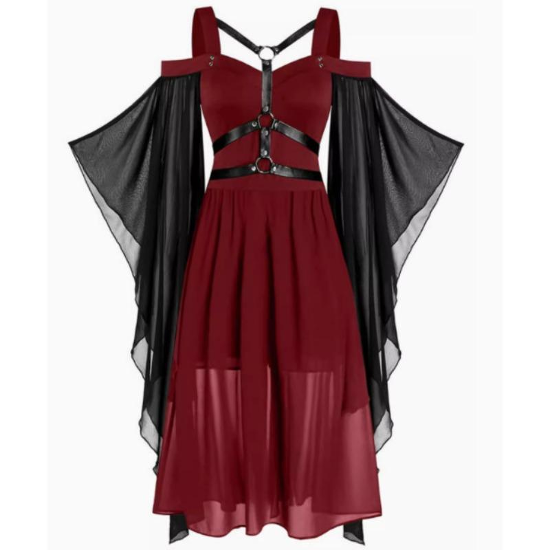 Plus Size Women's Gothic Irregular Halloween Witch Suspender Strap Flared Sleeve Dress S-XL