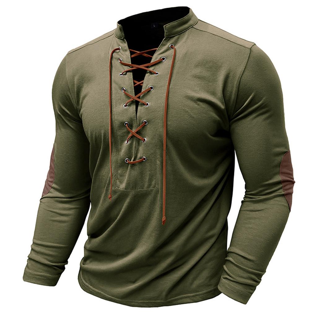 Men's Vintage Outdoor Sports Long Sleeve Top Lace-Up Stand Collar Shirt