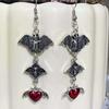 Jun'an Gothic Punk Silver Bat Heart Earrings in Red and Black