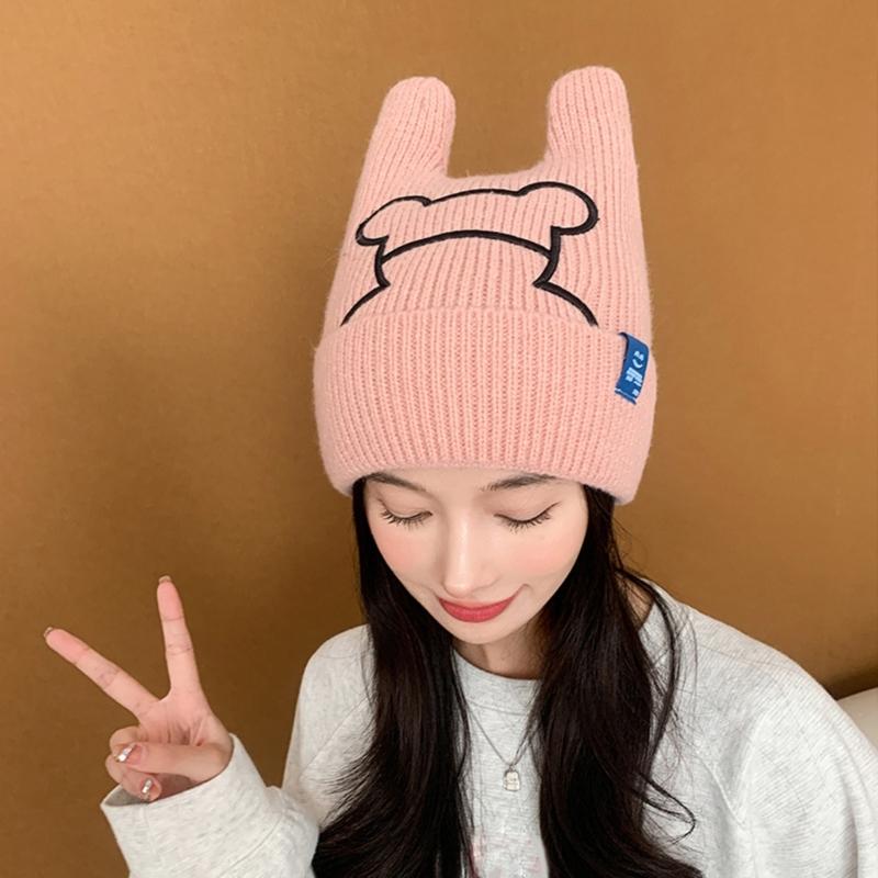 Rabbit Ear Hat for Women InsStyle Knitting Hat Anime Cosplay Costume Hat Outdoor Skiing Hiking Hat Windproof Warm Cap