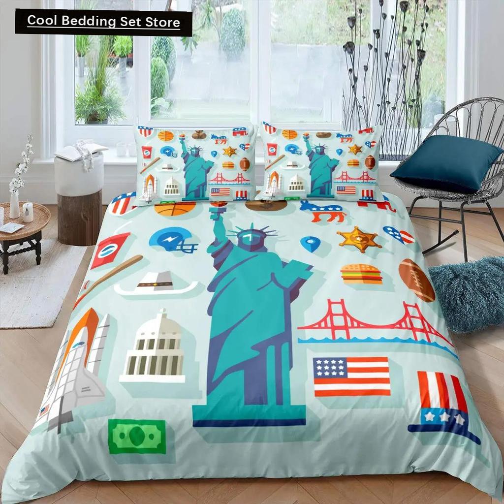 Freiheitsstatue Bettbezug Hip Hop Doppelgröße Friedenszeichen Liebesherz Bettwäscheset Amerikanische Augen Bunt Polyester Steppdecke