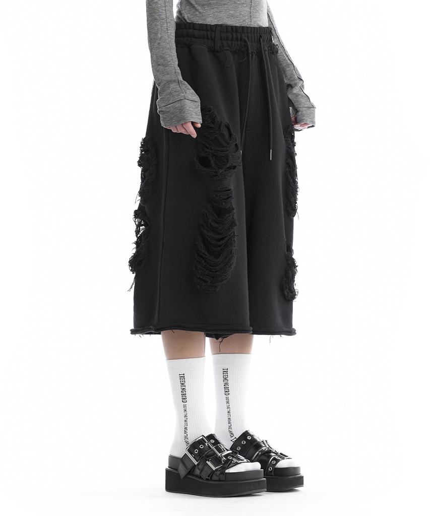 Teulimingbeodeu Scratch Damage Bermuda Sweat Pants [ Black ]