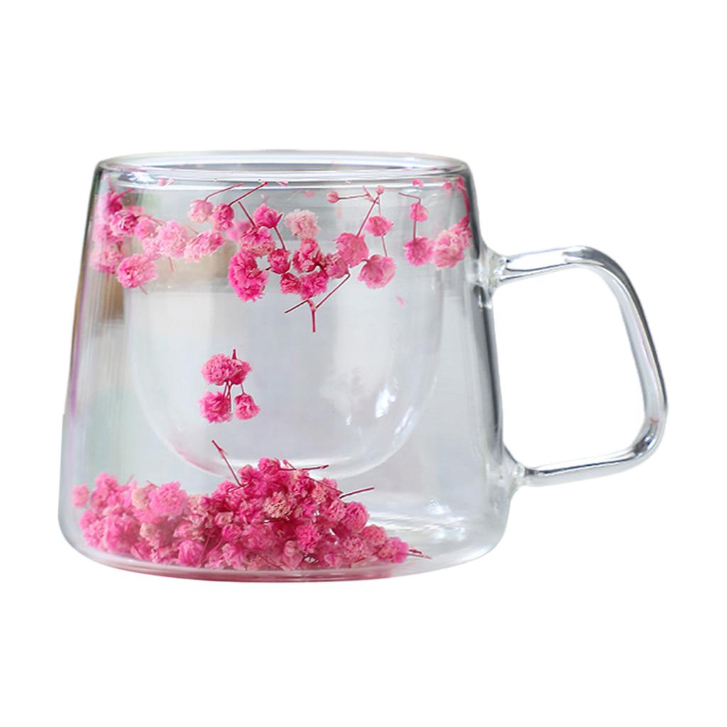 200ML Double Walled Glass Cups with Real Dried Flowers Heat Resistant Clear Coffee Mugs Floral Design Tea Cups for Elegant Sipping
