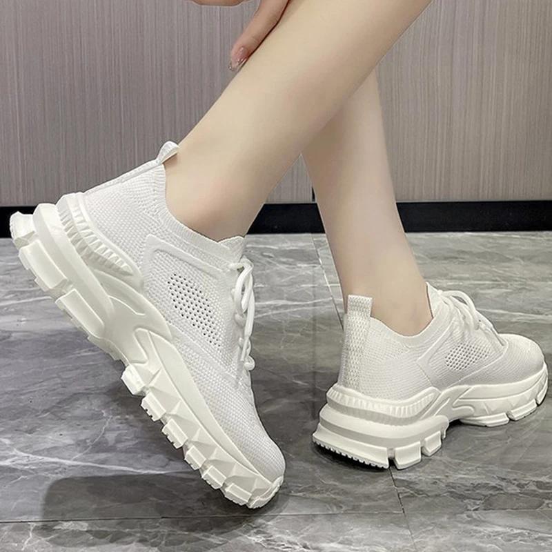 Fashion Comfortable Breathable Mesh Sports Women Spring Autumn Wear-Resistant Thick Platform Sneakers Woman Solid Lace Up Shoes Lady