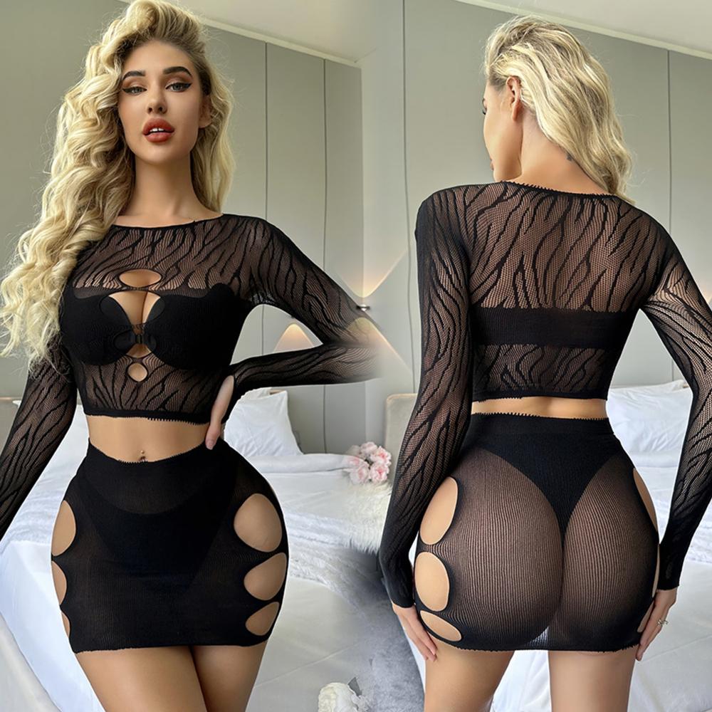 Hollow Out See Through Mini Fishing Net Dress Sexy Short Skirts Transparent Bodycon Dress Women'S Erotic Mesh Tight Lingerie