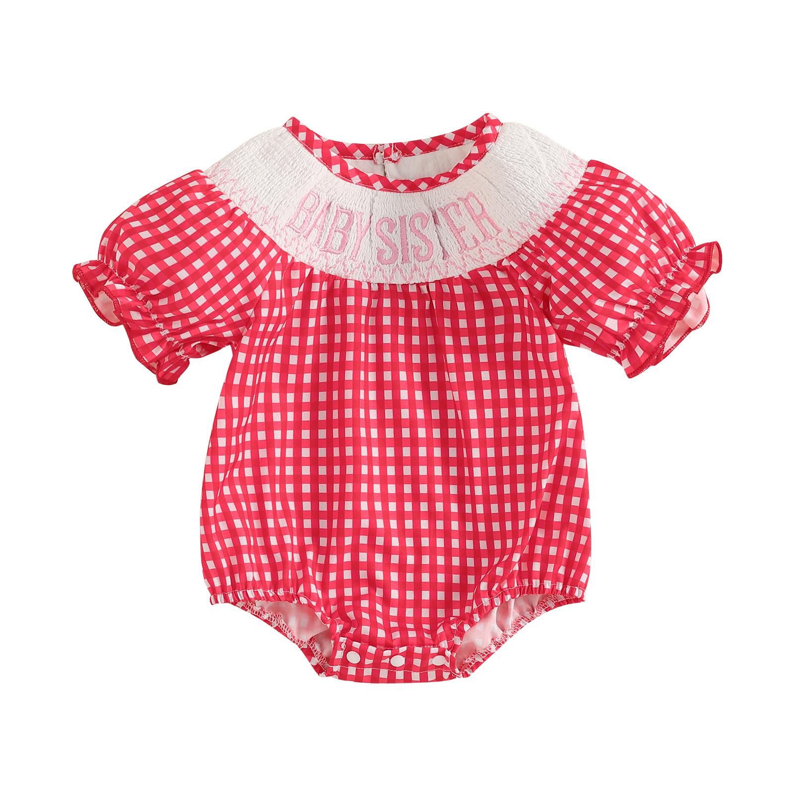 

Комбинезон с короткими рукавами для девочки, вышитые буквы, клетчатая рубашка, сборка, круглый вырез, оборки, летние комбинезоны 6-12 Months красный
