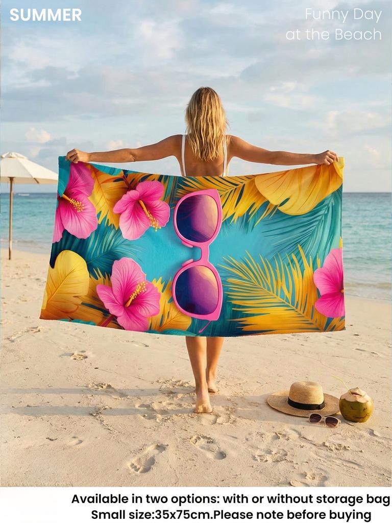 Vibrant Tropical Sunglasses and Hibiscus Print Quick Dry Lightweight Breathable Comfortable Beach Towel Summer Pool Outdoor Use