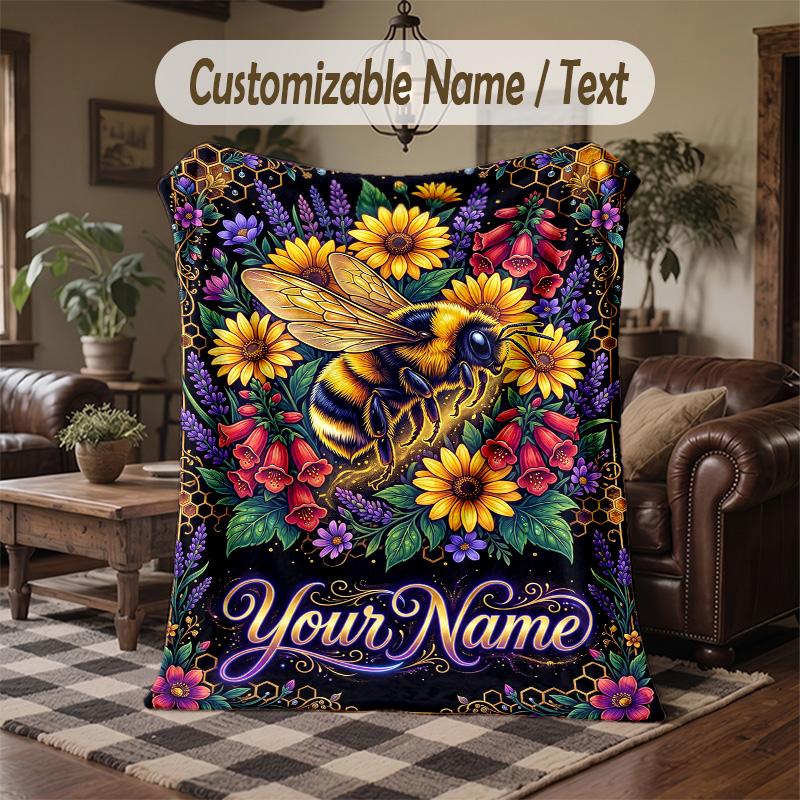 Bee Floral Garden Theme Throw Blanket Custom Name Text Personalized Blanket Soft Cozy Blanket for Home Sofa Bed