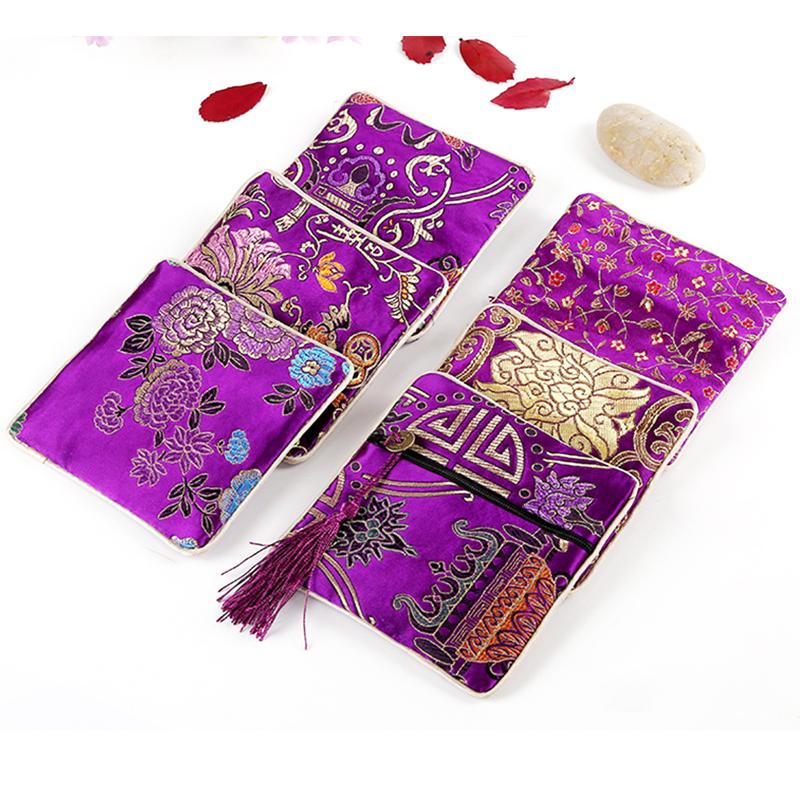 Chinese Brocade Jewelry Storage Bag Handmade Silk Embroidery Padded Small Zipper Tassel Jewelry Organizer Pouch Satin Gift Bag