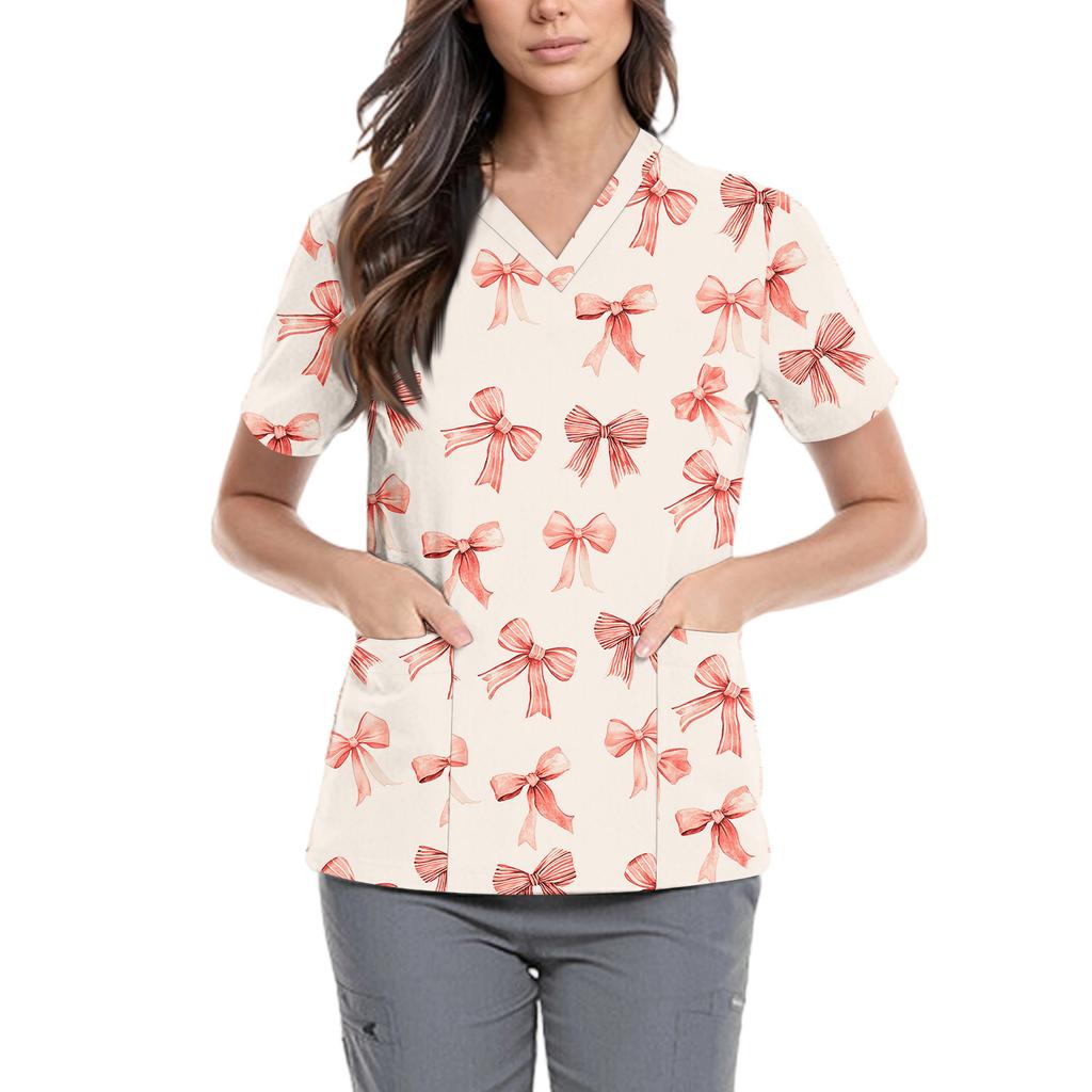 Women's Cute Bow Printed Work Clothes V-neck Double Layer Pockets Basic Short Sleeve Top Pullover