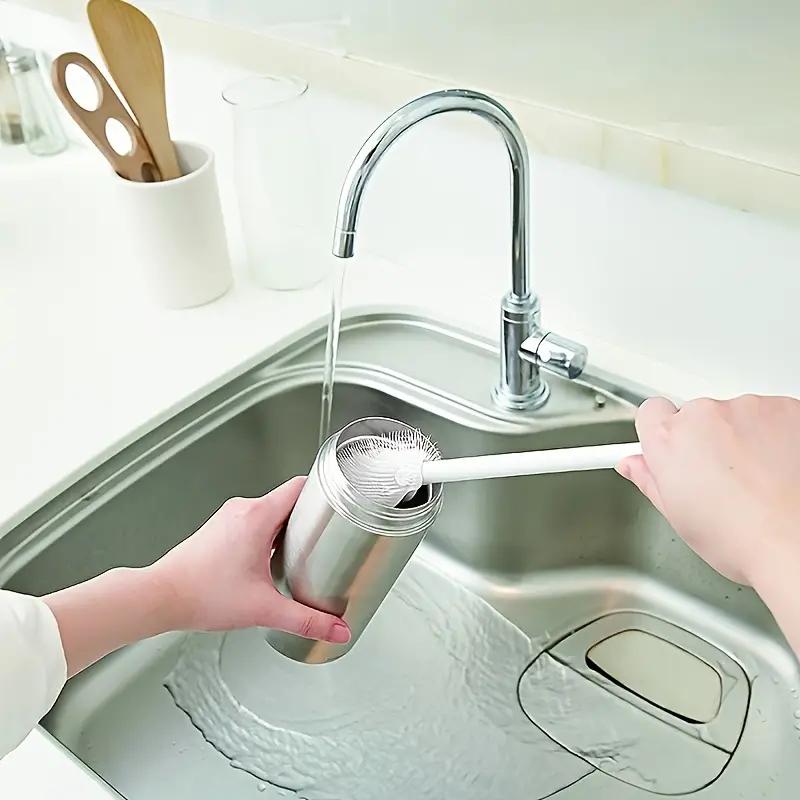 White Silicone Kitchen Cleaning Tool with Folding Brush Head and Long Handle for 360° Glass and Bottle Cleaning