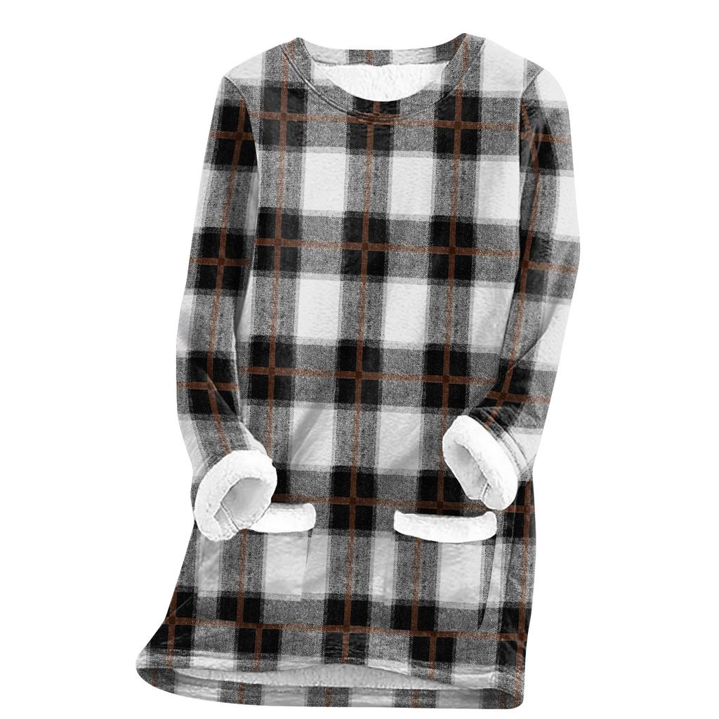 Women's Fashion Plaid Print Round Neck Long Sleeve Plush Winter Warm Pullover Top