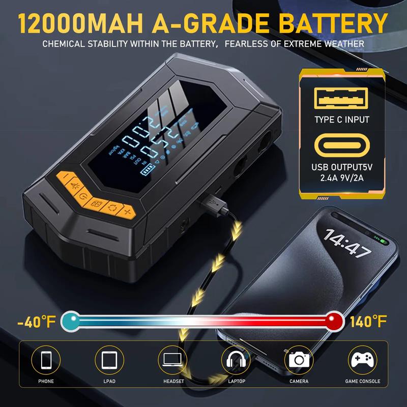 BUVAYE Portable Car Jump Starter With 150PSI Vacuum Extraction Air Compressor, 12V 6000A Car Battery Jump Starter Battery Pack