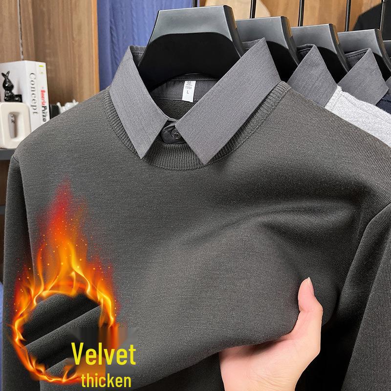 Men's Two-in-One Fleece-Lined Knit Sweater with Shirt Collar for Autumn/Winter