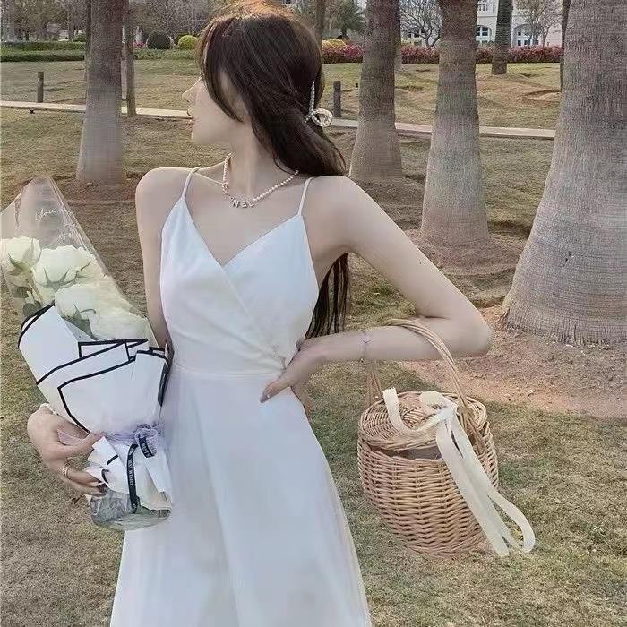 Sexy dew back bow suspender dress fairy summer sweet hottie satin seaside vacation beach dress S белый