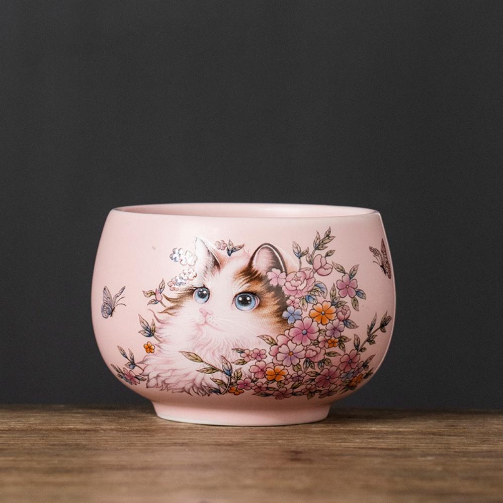 Cartoon Cat And Flower Pattern Teacup Ceramic Chinese  Kungfu Tea Cup 185ml