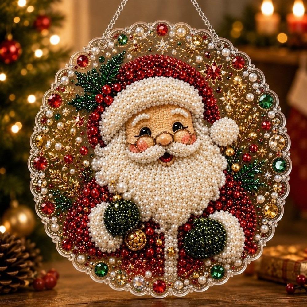 5D Christmas Diamond Painting Set Acrylic Round Board Xmas Acrylic Pendant Pearl Painting Kit Gift