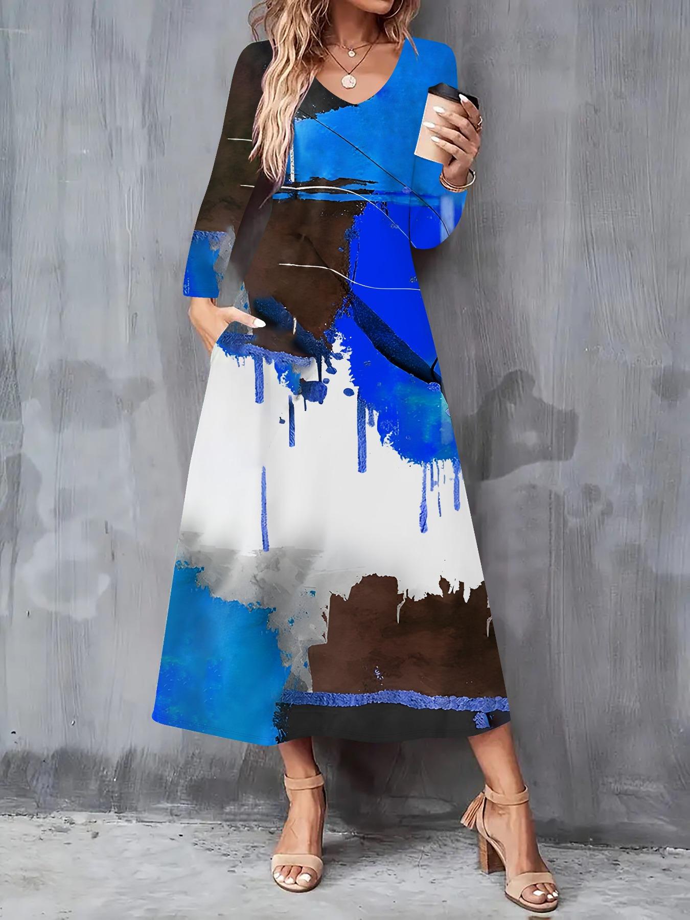 

2025 Осень и Зима Новое Женское Повседневное Модное Платье 3D Ретро Принт с Узором Длинный Рукав V-образный Вырез А-силуэт Платья S синий