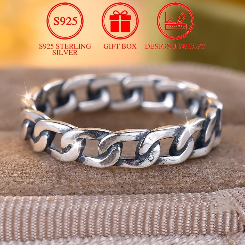 S925 Sterling Silver Geometric Chain Hiphop/Rock Rings for Women Bohemia Punk Ring Jewellery Gift