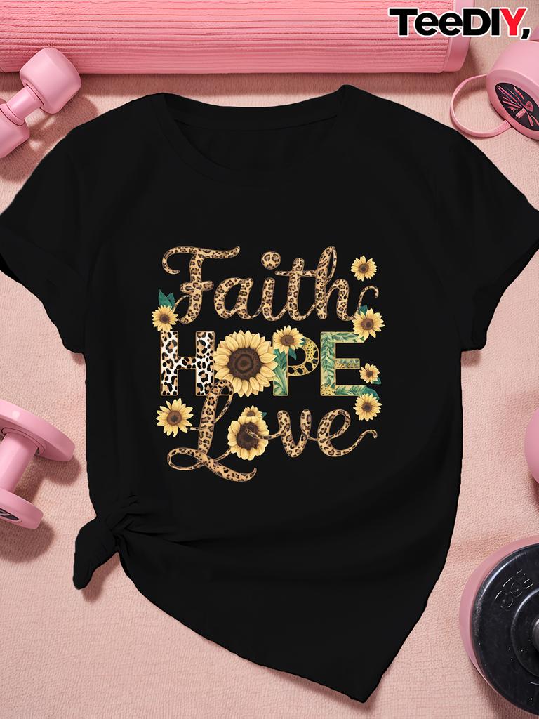 Faith Hope Love Sunflower Leopard Print T-shirt