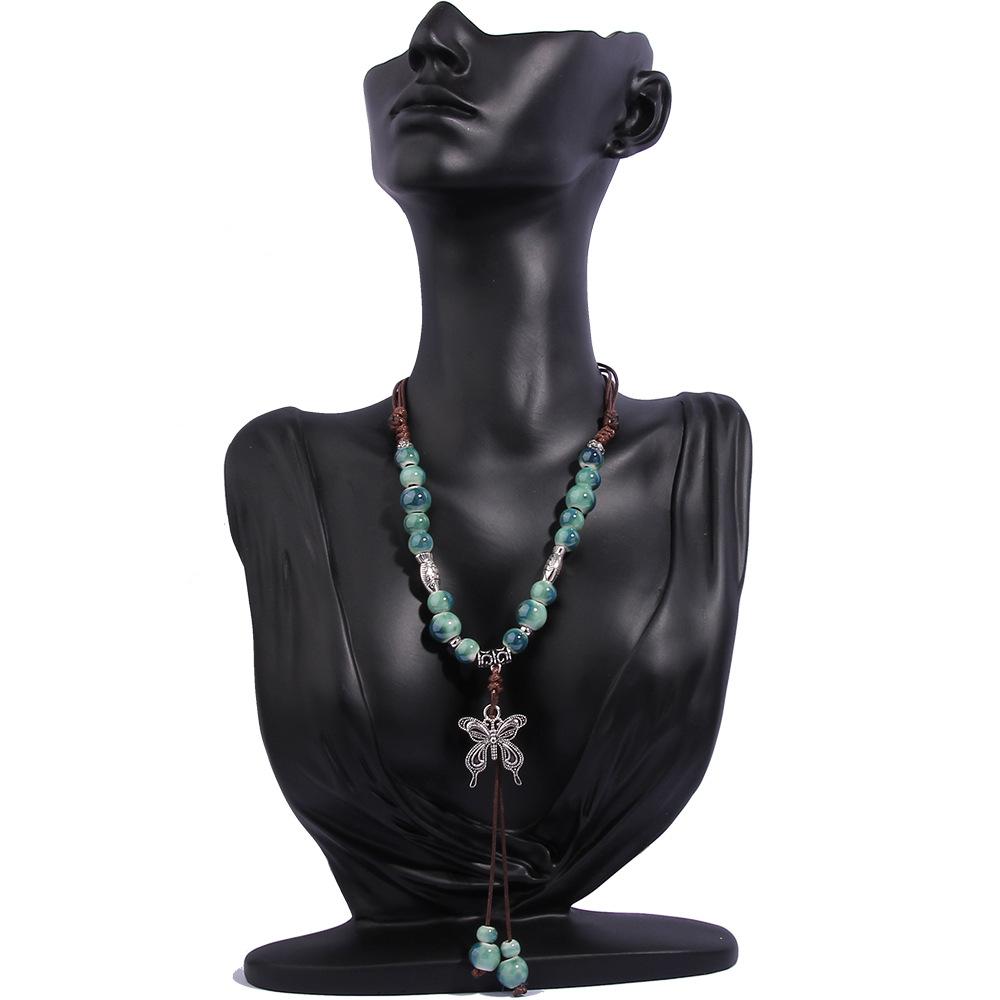 Vintage Ceramic Beaded Pendant Butterfly Necklace Ethnic Style Women Jewelry Gift