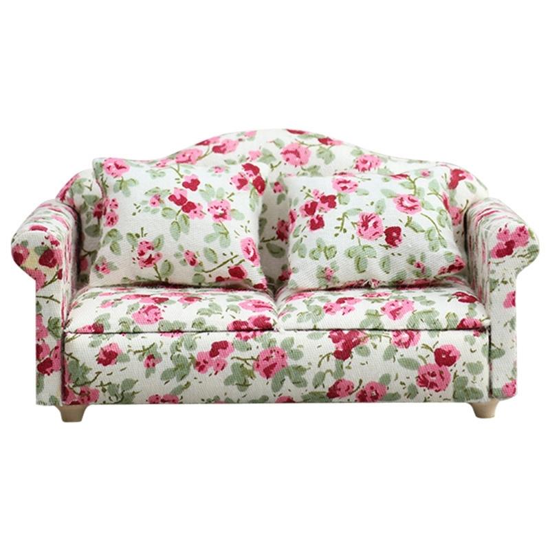 Living Room Sofa Set 1/12 Scale Wooden Base Cloth Covered Mini Furniture for Doll House Accessories and Collectibles