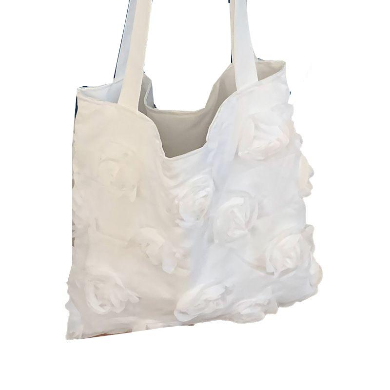 Korean Version of Fashionable Girlish Underarm Bag Women's 2025 New White Large-capacity Three-dimensional Flower Shoulder Tote Bag