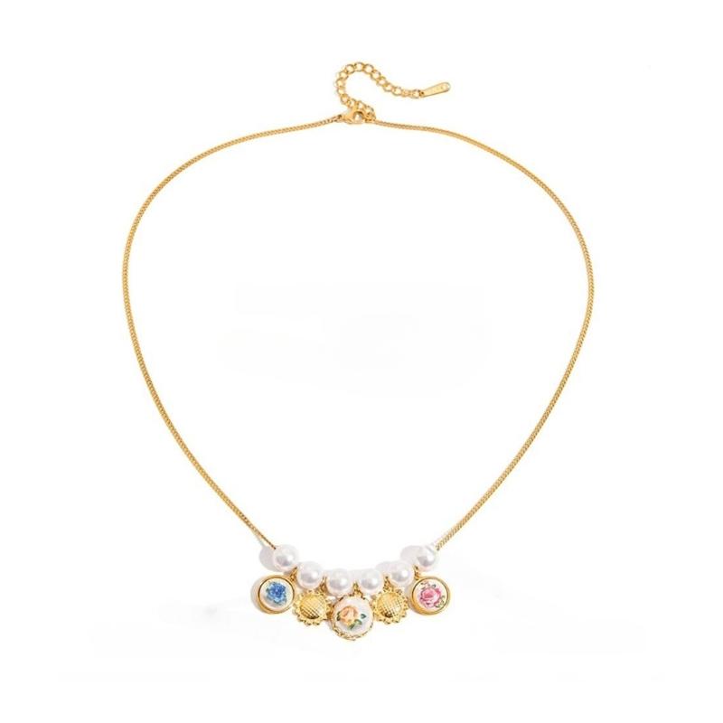 Simple Traditional Stone Sphere Necklace Heart Flower Charm Modifiable Length Rustless Fashion Jewelry