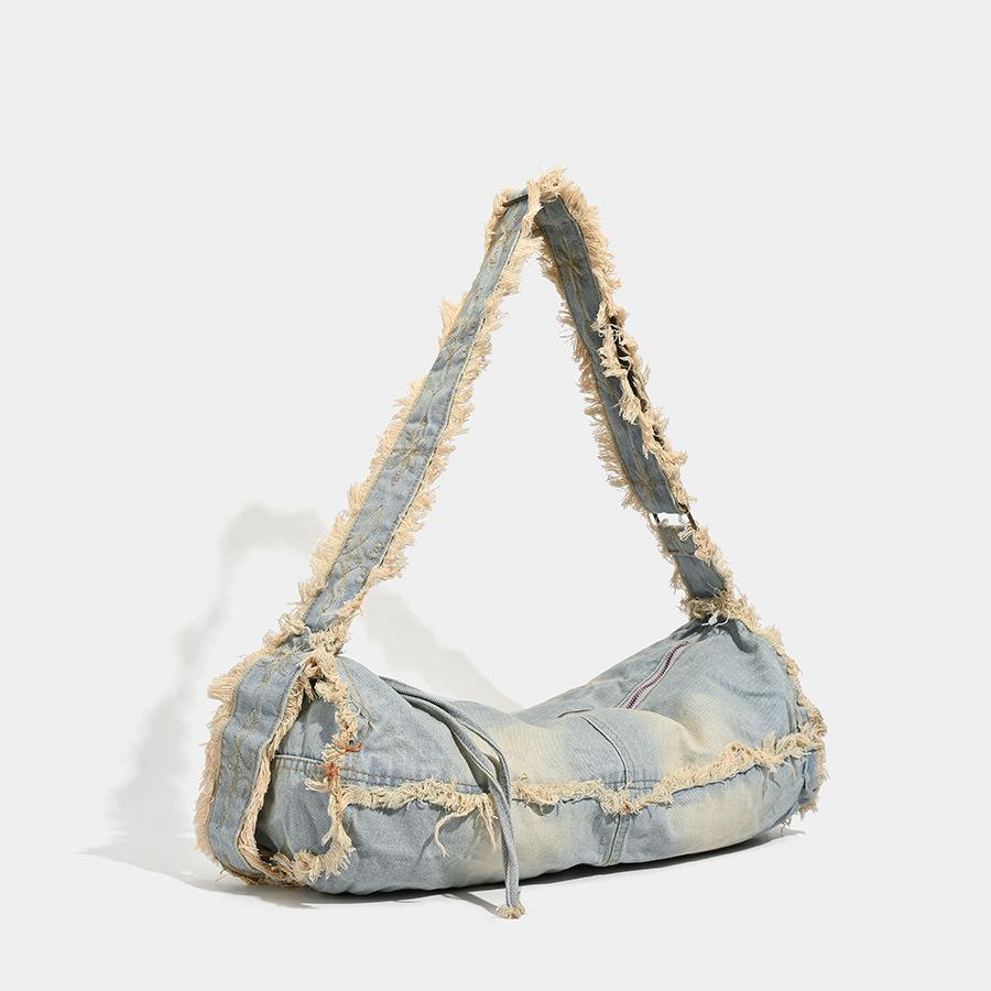 

Сумка ковбоя большой вместимости, выстиранная, корейский дизайн с кисточками, нишевая, женская сумка через плечо, на плечо светло-синий