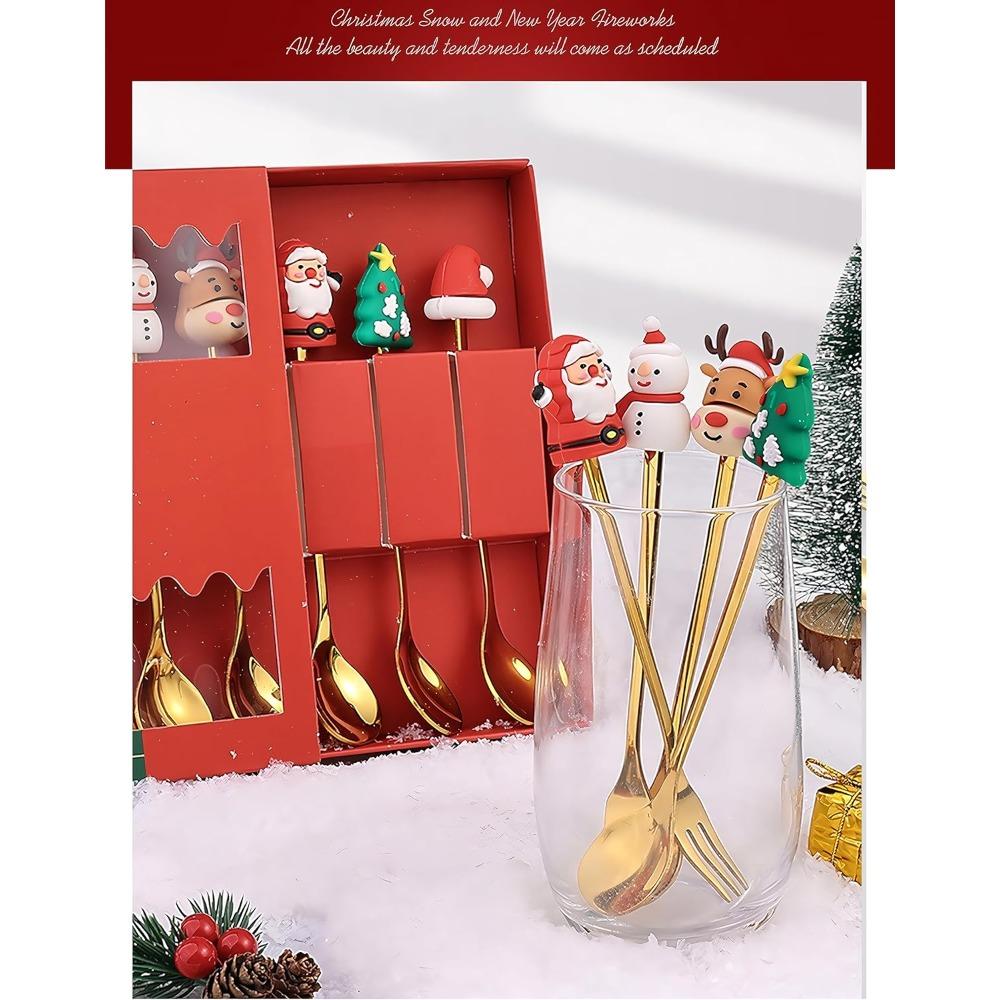 6 Pcs Christmas Decorative Spoons and Forks for Home Coffee Spoons Dinner Forks Dessert Spoons Stirring Spoons Green Packaging