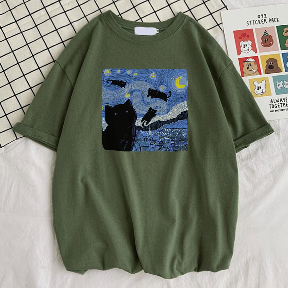 Vincent Van Gogh Starry Night Cute Cat Unisex Cotton Short Sleeve Crewneck Casual Tops Creative Oversize Short Sleeve Unisexs Clothing