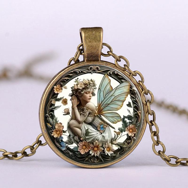 Retro Antique Bronze Plated Round Forest Fairy Elf Glass Dome Pendant Necklace For Women Girls Jewelry