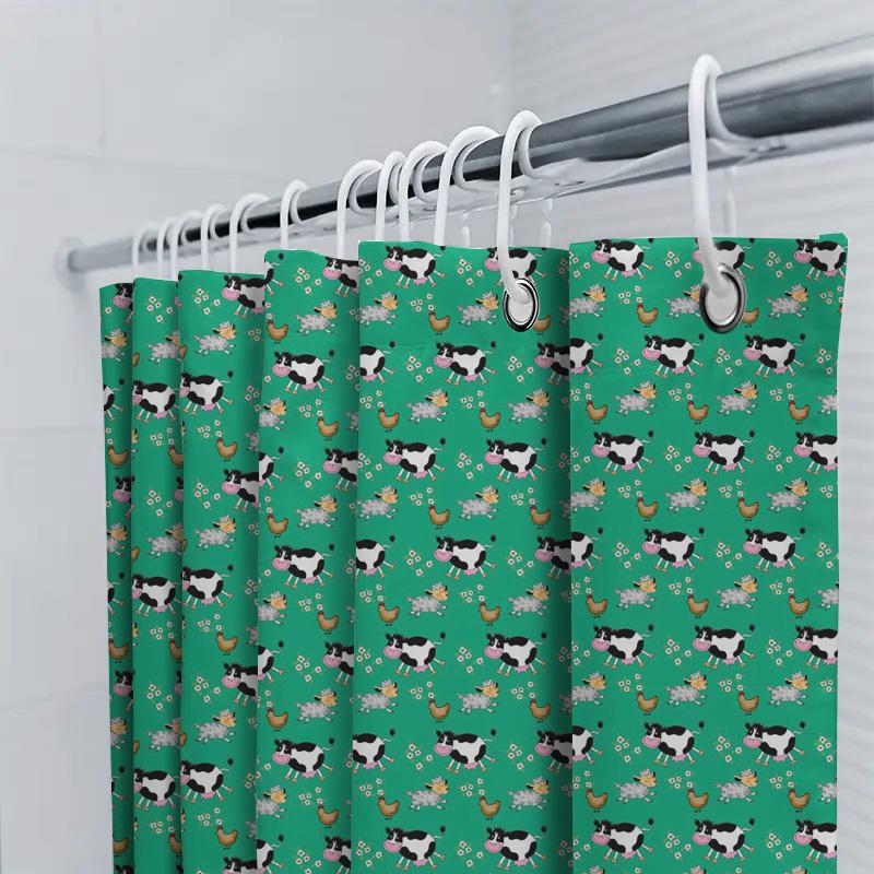 Farm Fresh Shower Curtain Cow Chicken Print Home Decor Waterproof Fabric Kitchen Bath Rug Blue Green Patterned Shower Panel Set
