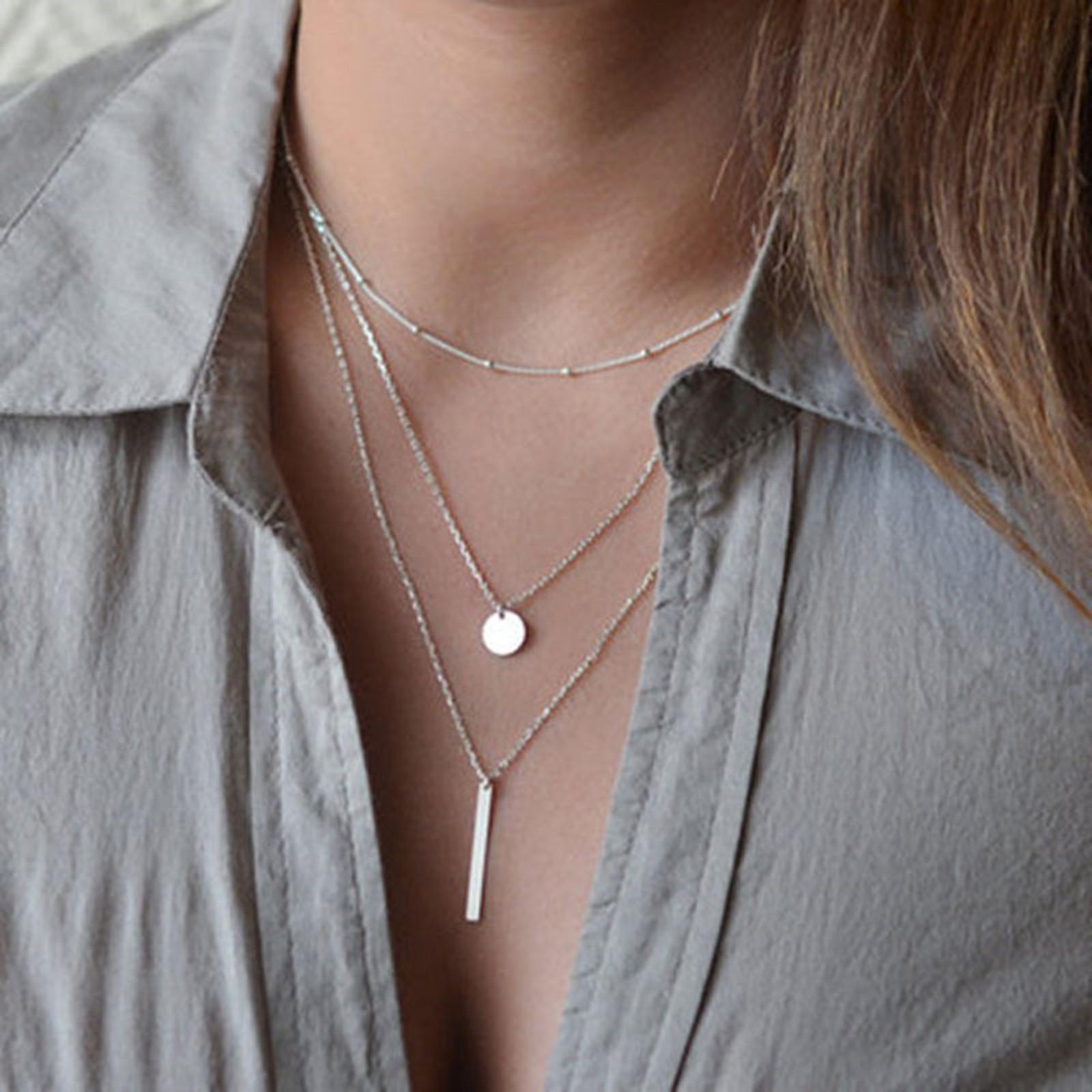 

Women s Bead Chain Multi-layer Necklace Disc Metal Rod Pendant Clavicle Chain