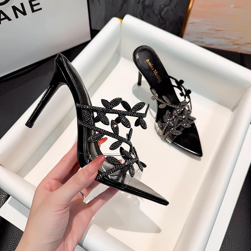 Black diamond gold branches and jade leaves high heels new summer pointed sexy royal sister open toe thin heels cool slippers women